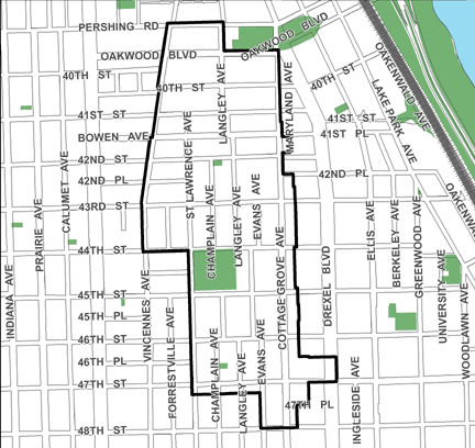 43rd/Cottage Grove TIF district, roughly bounded on the north by Pershing Road, 48th Street on the south, Drexel Boulevard on the east, and Vincennes Avenue on the west.